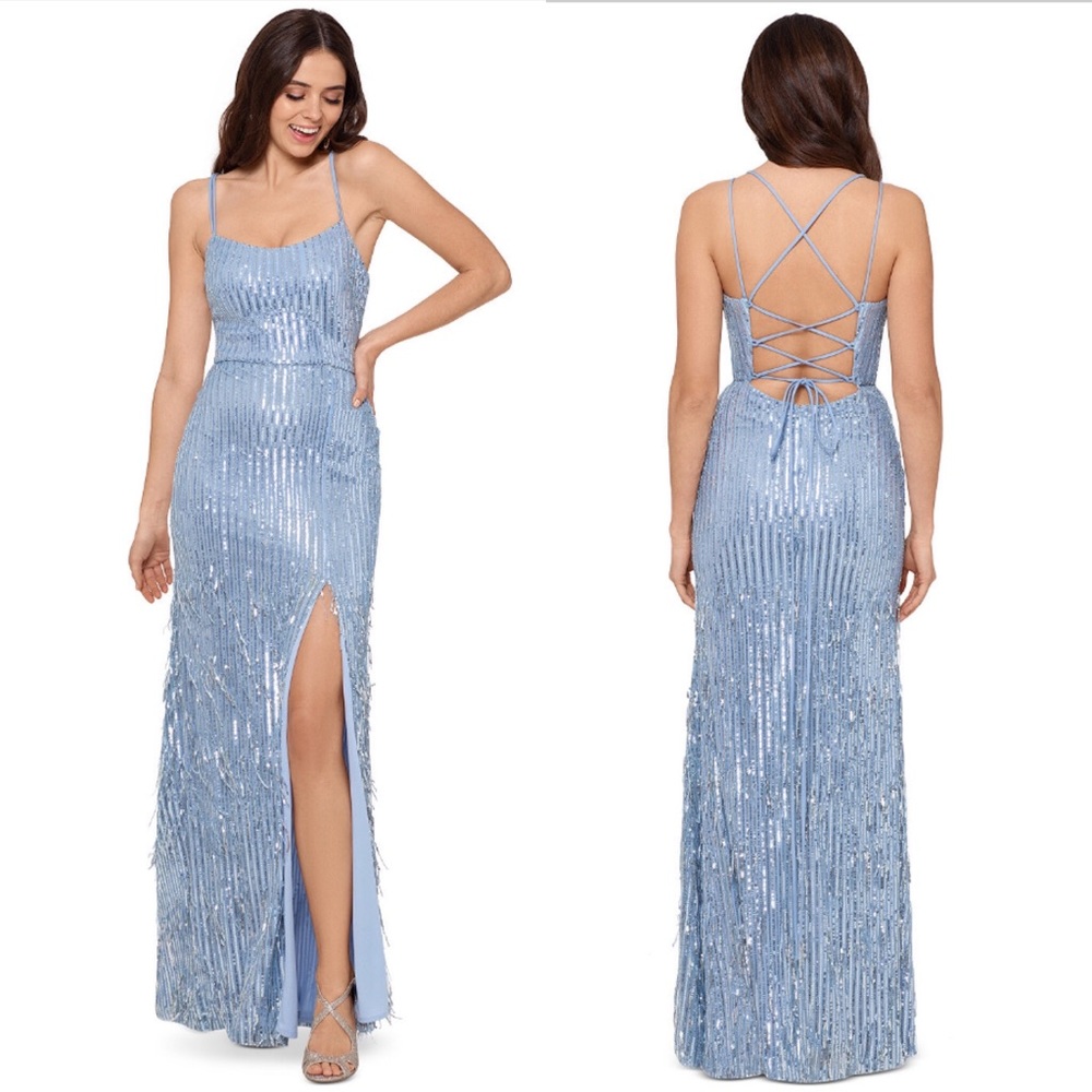 Tie back sequin fringe gown